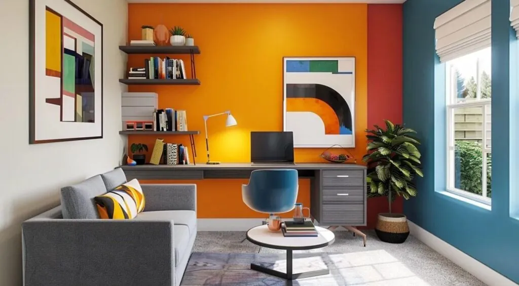 vibrant bold accent walls in a modern home office setting with chic decor accents